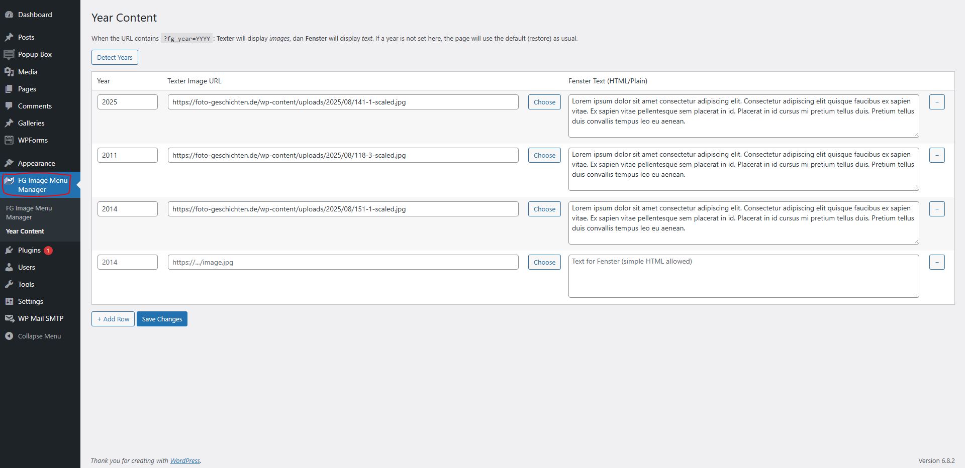 FG Image Manager – Settings, Year Content & Footer